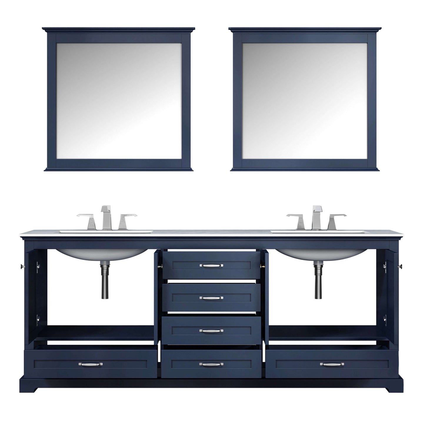 Dukes 80" Navy Blue Double Vanity, White Carrara Marble Top, White Square Sinks and 30" Mirrors - LD342280DEDSM30