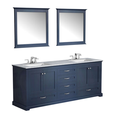 Dukes 80" Navy Blue Double Vanity, White Carrara Marble Top, White Square Sinks and 30" Mirrors - LD342280DEDSM30