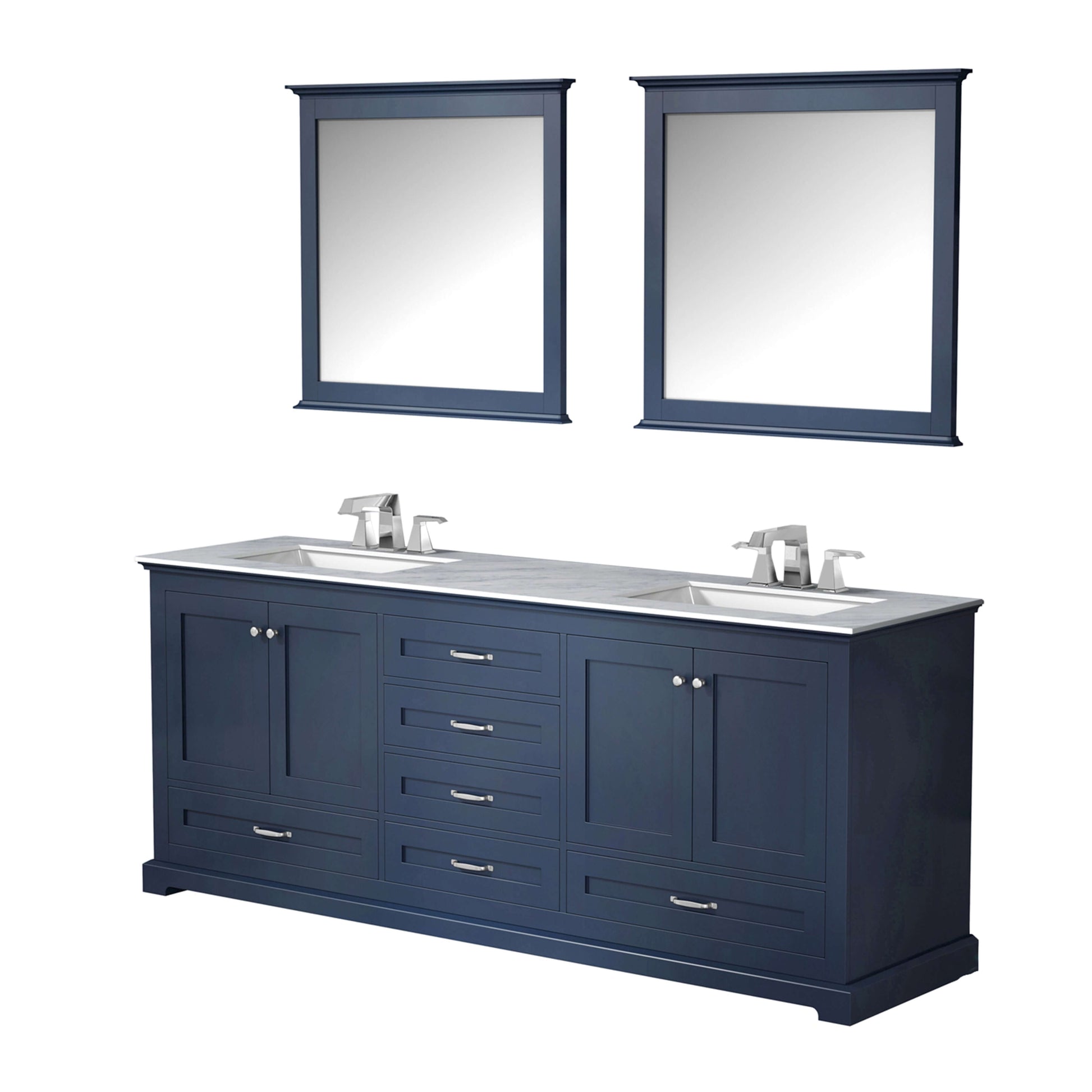 Dukes 80" Navy Blue Double Vanity, White Carrara Marble Top, White Square Sinks and 30" Mirrors - LD342280DEDSM30