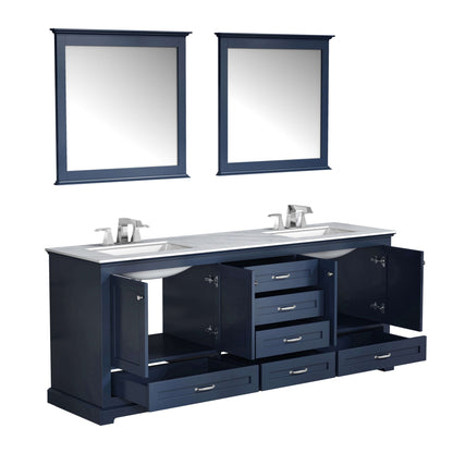 Dukes 80" Navy Blue Double Vanity, White Carrara Marble Top, White Square Sinks and 30" Mirrors - LD342280DEDSM30