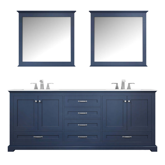 Dukes 80" Navy Blue Double Vanity, White Quartz Top, White Square Sinks and 30" Mirrors - LD342280DEWQM30