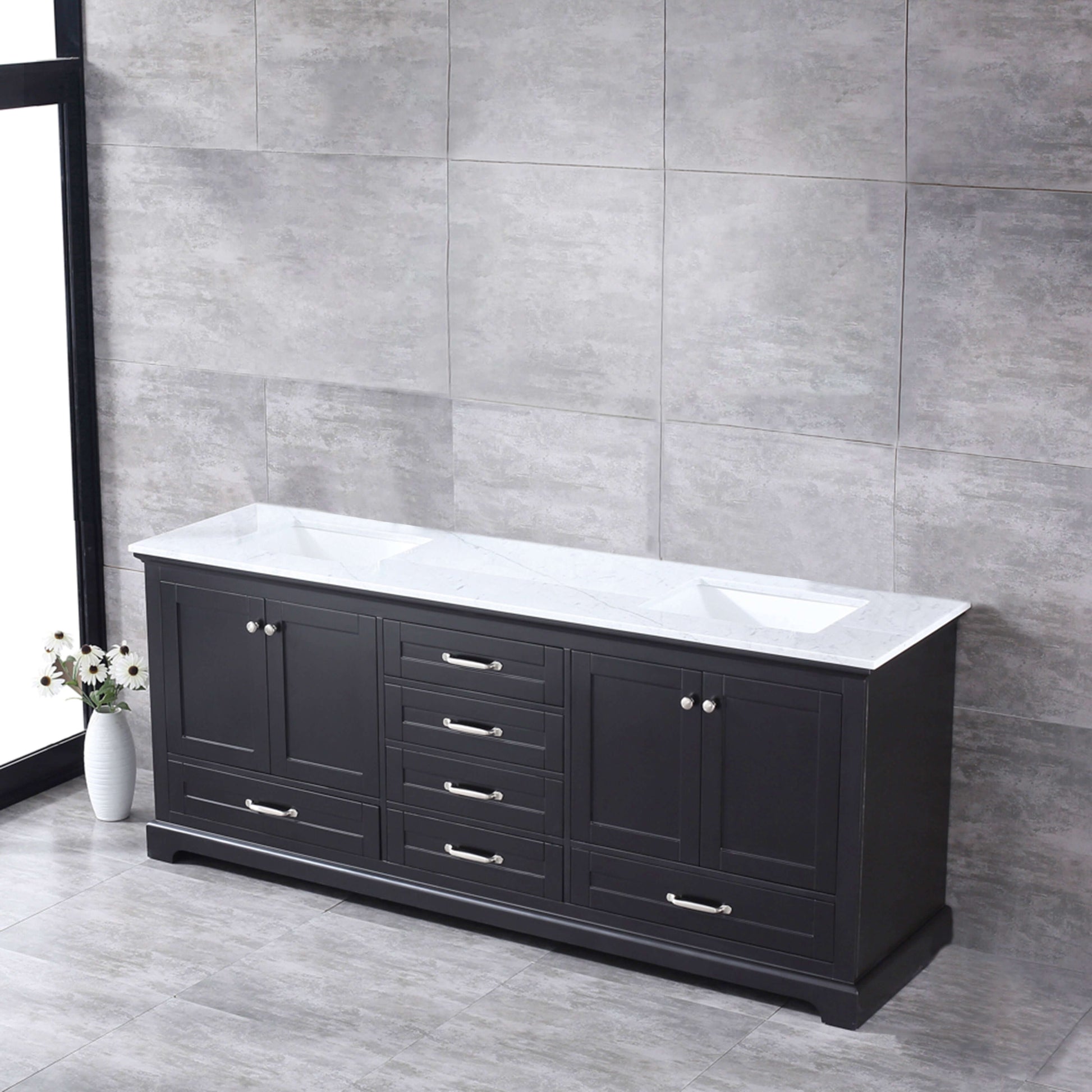 Dukes 80" Espresso Double Vanity, White Carrara Marble Top, White Square Sinks and no Mirror - LD342280DGDS000