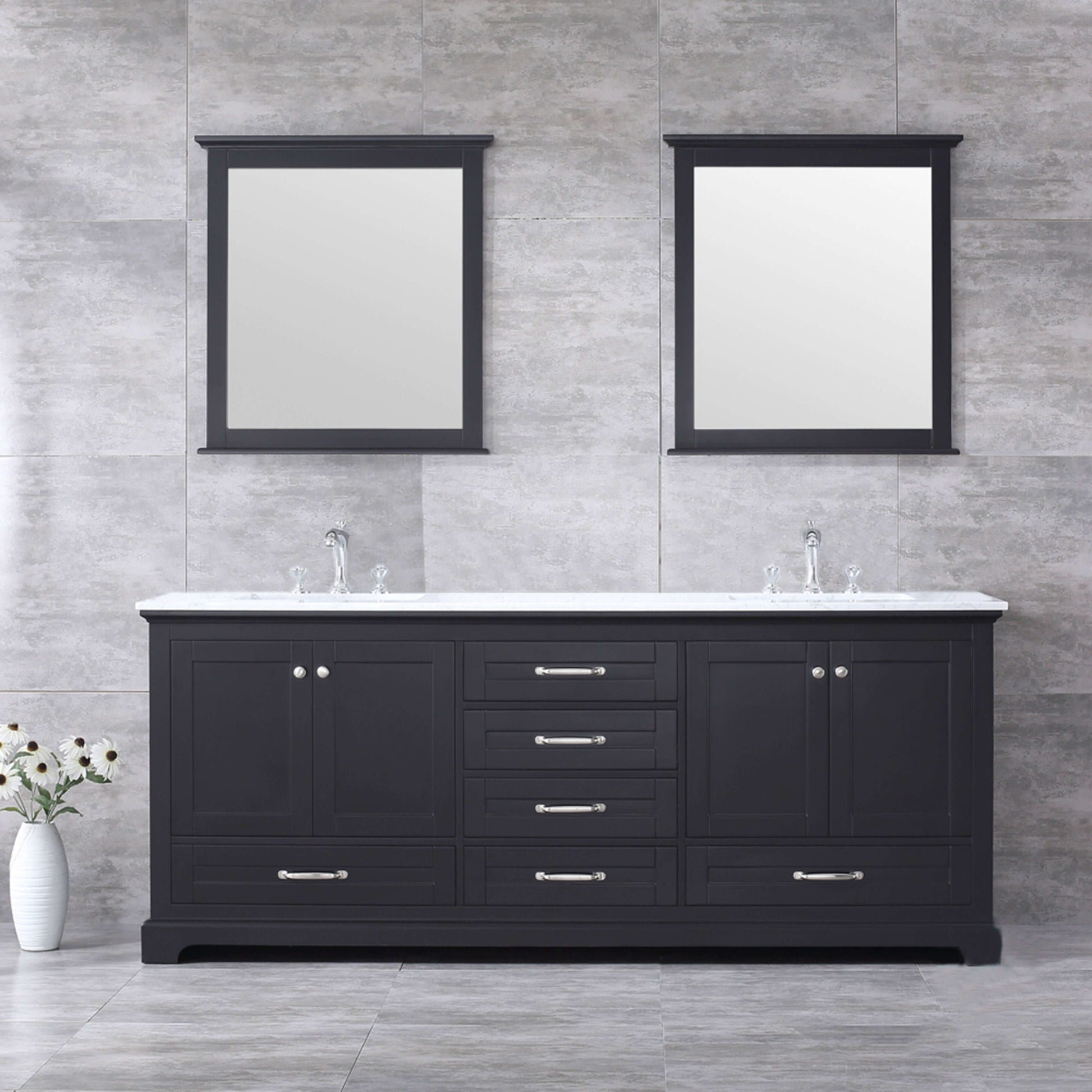 Dukes 80" Espresso Double Vanity, White Carrara Marble Top, White Square Sinks and 30" Mirrors - LD342280DGDSM30