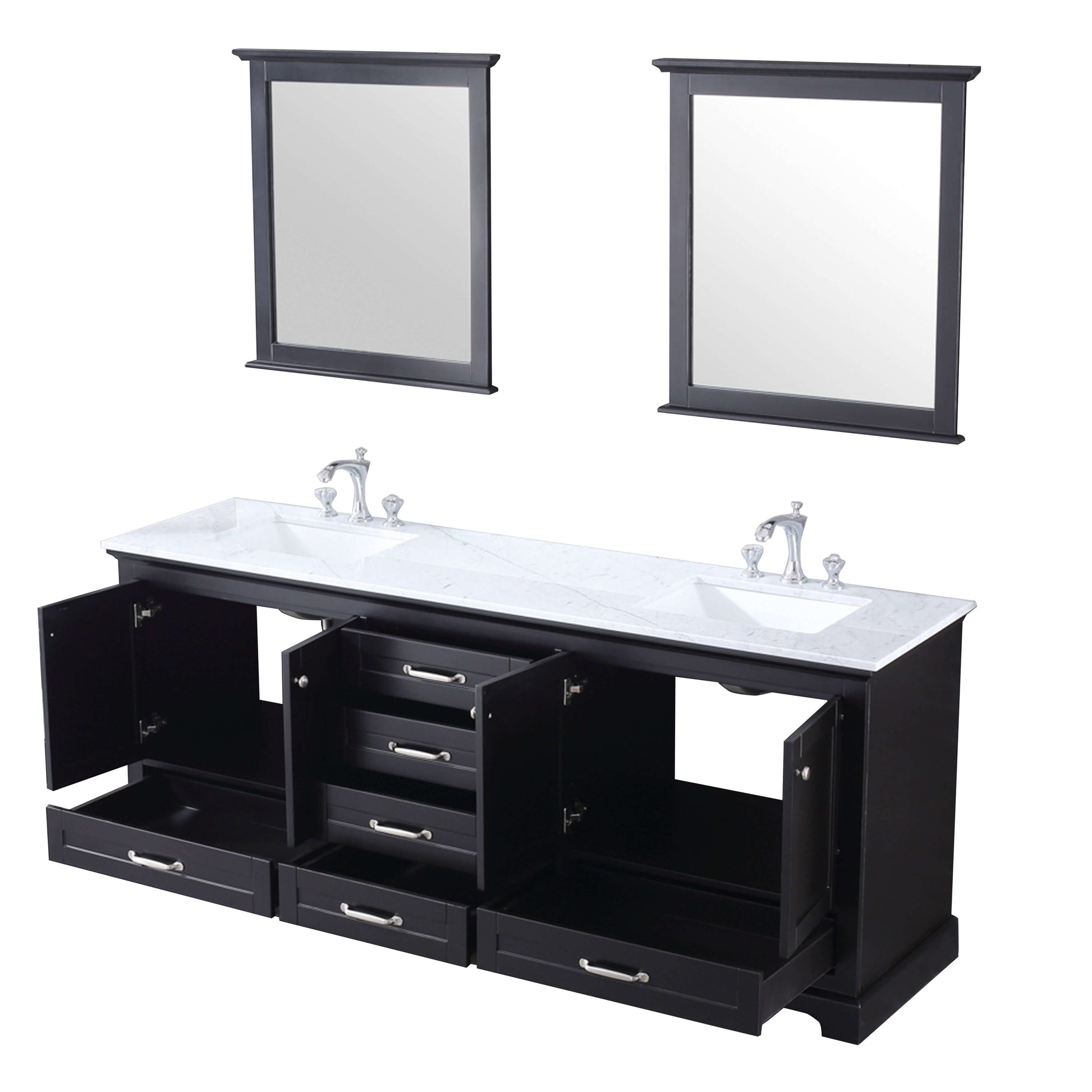 Dukes 80" Espresso Double Vanity, White Carrara Marble Top, White Square Sinks and 30" Mirrors - LD342280DGDSM30