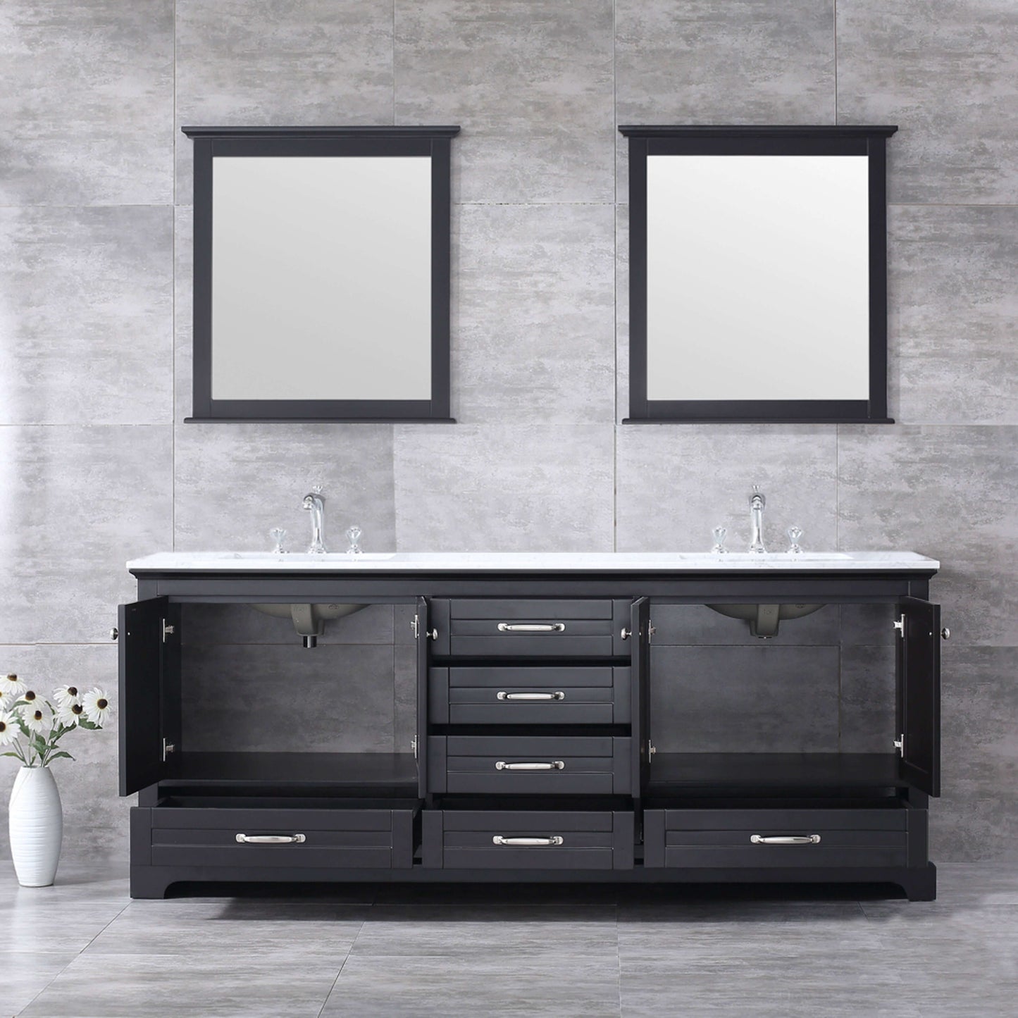 Dukes 80" Espresso Double Vanity, White Carrara Marble Top, White Square Sinks and 30" Mirrors - LD342280DGDSM30