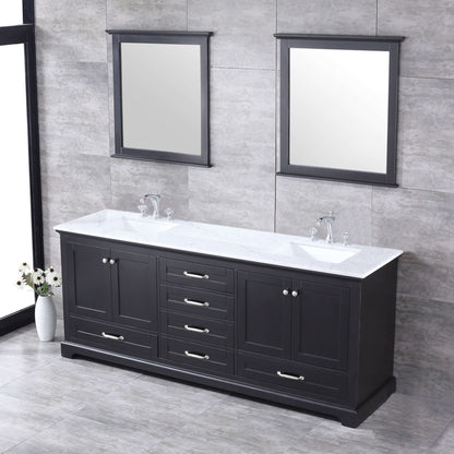 Dukes 80" Espresso Double Vanity, White Carrara Marble Top, White Square Sinks and 30" Mirrors - LD342280DGDSM30