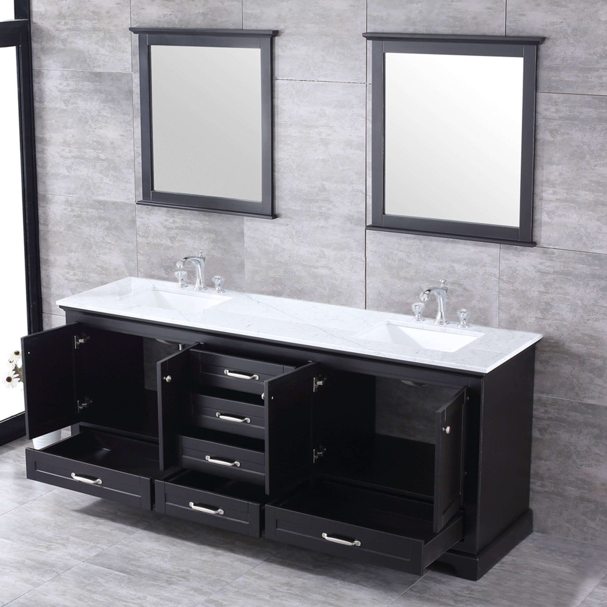 Dukes 80" Espresso Double Vanity, White Carrara Marble Top, White Square Sinks and 30" Mirrors - LD342280DGDSM30