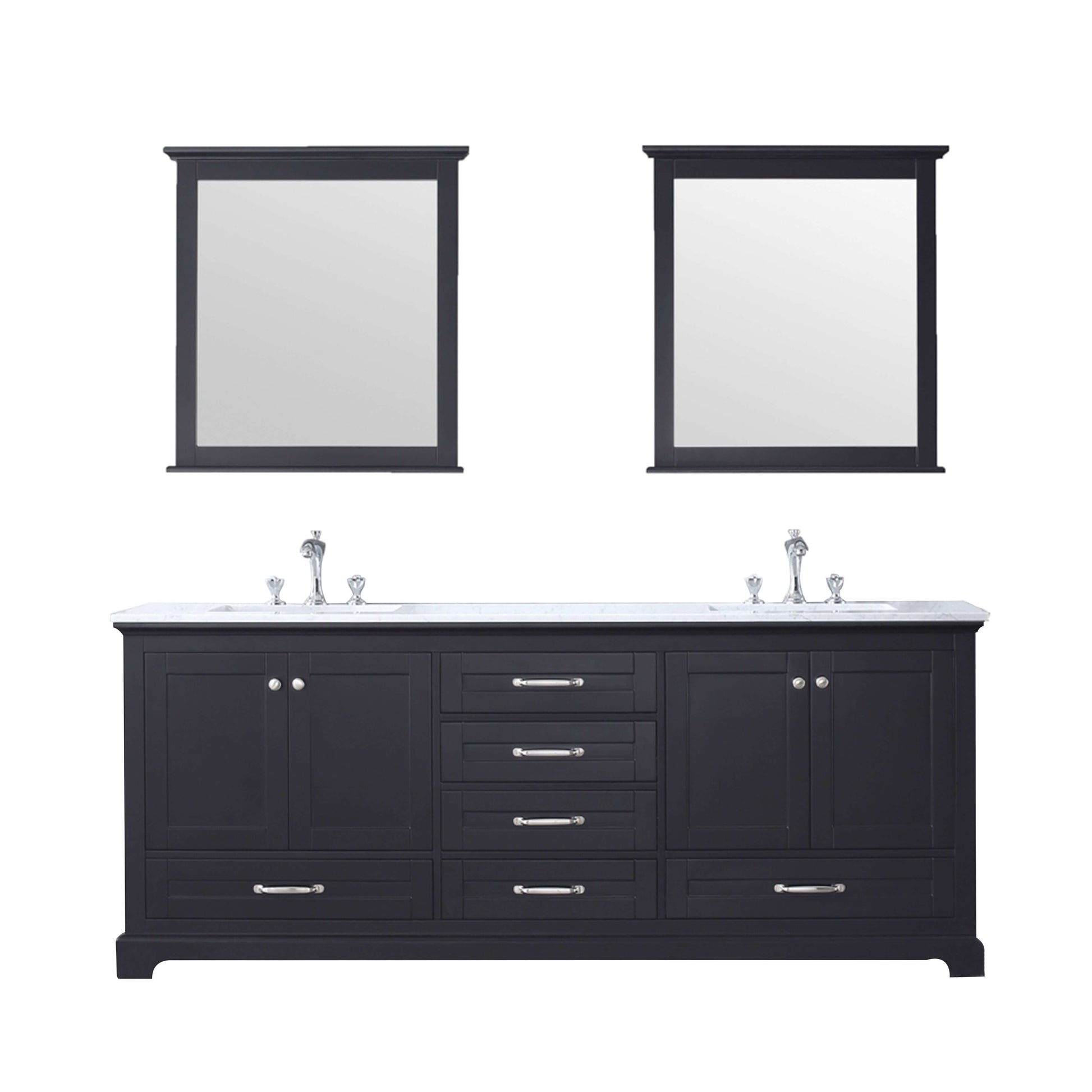 Dukes 80" Espresso Double Vanity, White Carrara Marble Top, White Square Sinks and 30" Mirrors - LD342280DGDSM30