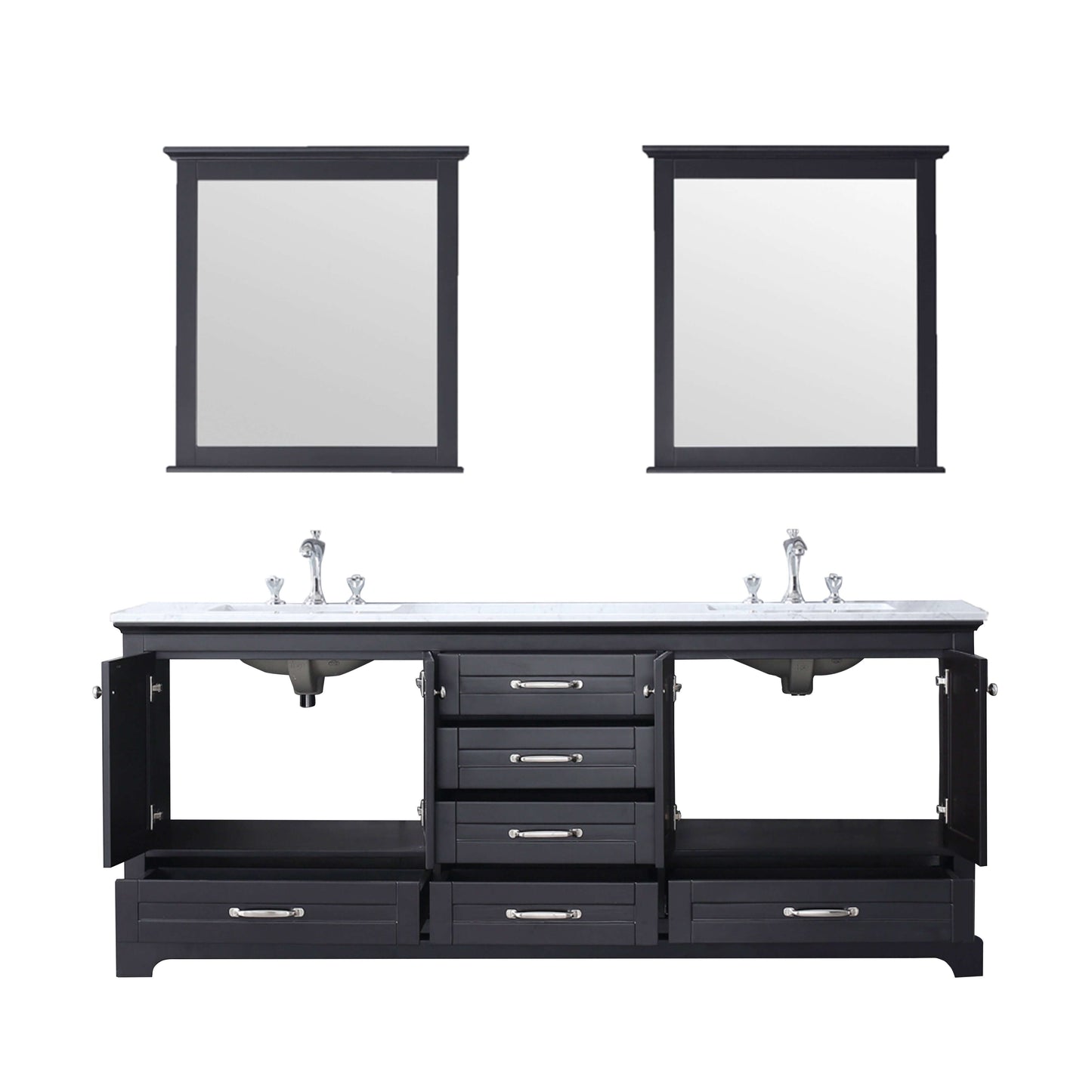 Dukes 80" Espresso Double Vanity, White Carrara Marble Top, White Square Sinks and 30" Mirrors - LD342280DGDSM30