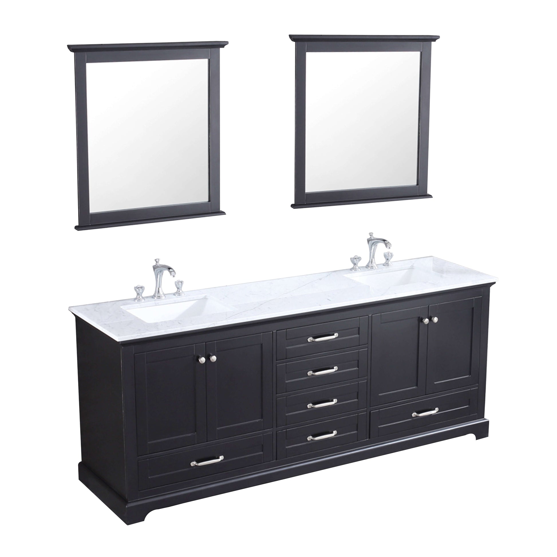 Dukes 80" Espresso Double Vanity, White Carrara Marble Top, White Square Sinks and 30" Mirrors - LD342280DGDSM30