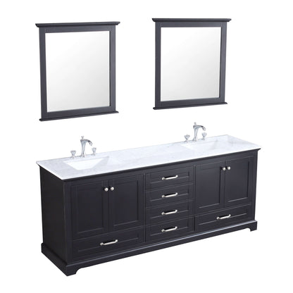 Dukes 80" Espresso Double Vanity, White Carrara Marble Top, White Square Sinks and 30" Mirrors - LD342280DGDSM30
