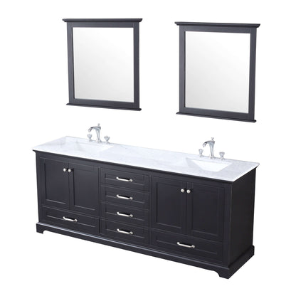 Dukes 80" Espresso Double Vanity, White Carrara Marble Top, White Square Sinks and 30" Mirrors - LD342280DGDSM30