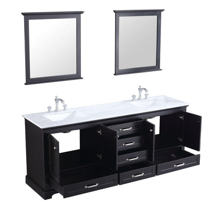 Dukes 80" Espresso Double Vanity, White Carrara Marble Top, White Square Sinks and 30" Mirrors - LD342280DGDSM30