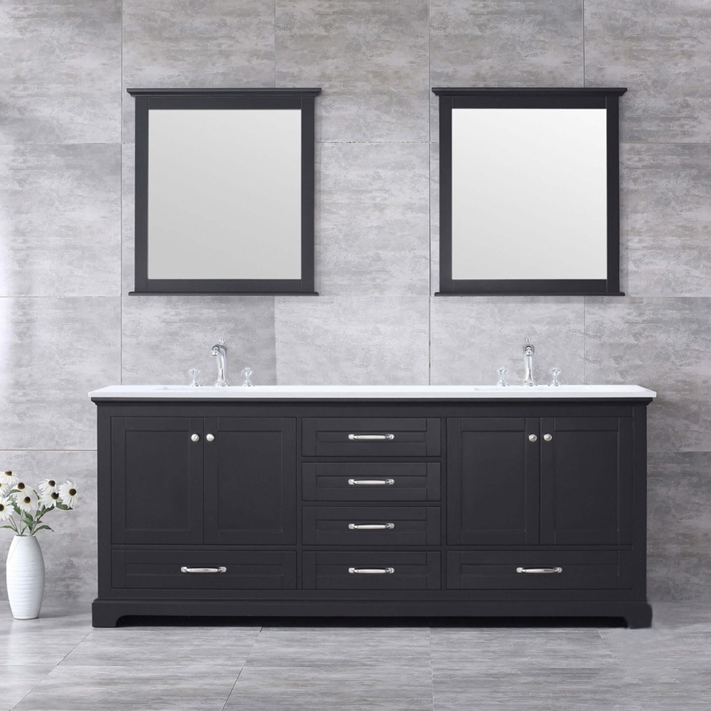 Dukes 80" Espresso Double Vanity, White Quartz Top, White Square Sinks and 30" Mirrors - LD342280DGWQM30