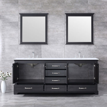 Dukes 80" Espresso Double Vanity, White Quartz Top, White Square Sinks and 30" Mirrors - LD342280DGWQM30