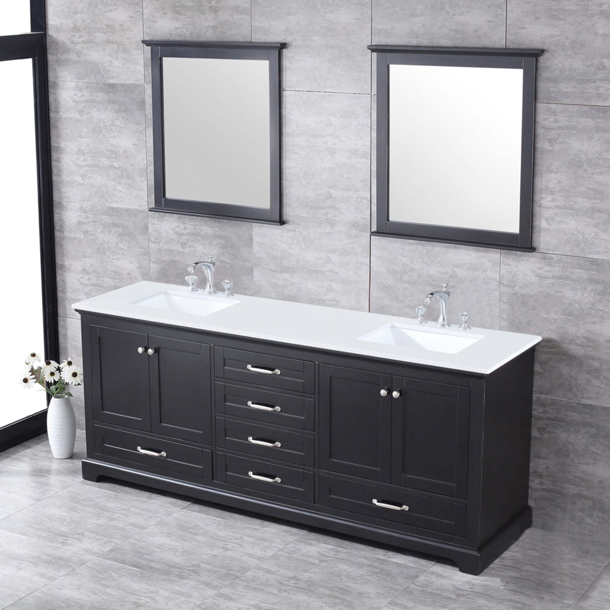 Dukes 80" Espresso Double Vanity, White Quartz Top, White Square Sinks and 30" Mirrors - LD342280DGWQM30