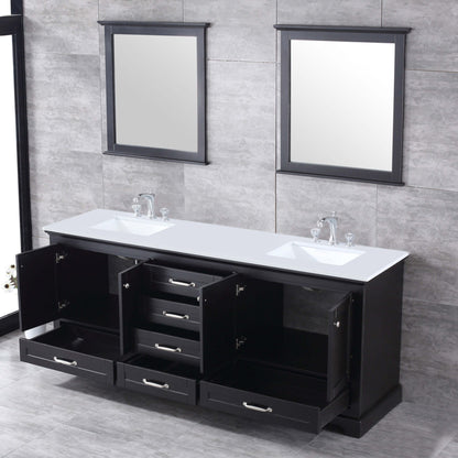 Dukes 80" Espresso Double Vanity, White Quartz Top, White Square Sinks and 30" Mirrors - LD342280DGWQM30