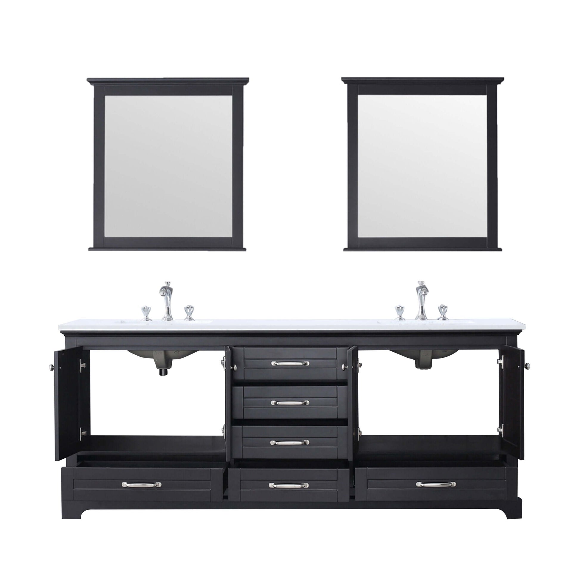 Dukes 80" Espresso Double Vanity, White Quartz Top, White Square Sinks and 30" Mirrors - LD342280DGWQM30