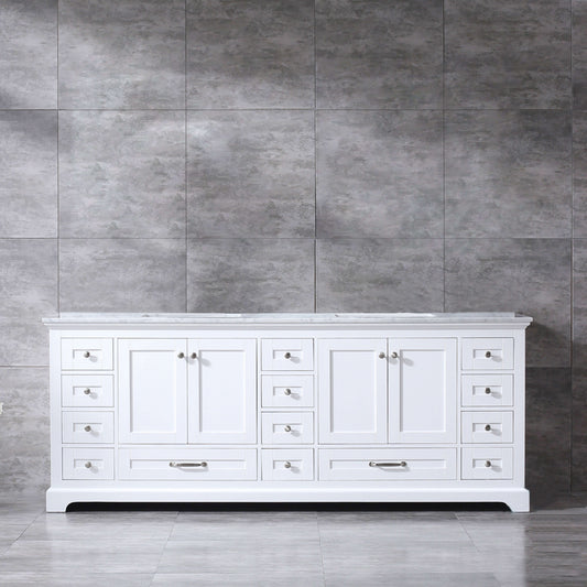 84" White Double Vanity with White Carrara Marble Top with White Ceramic Square Undermount Sinks and no Mirror - LD342284DADS000