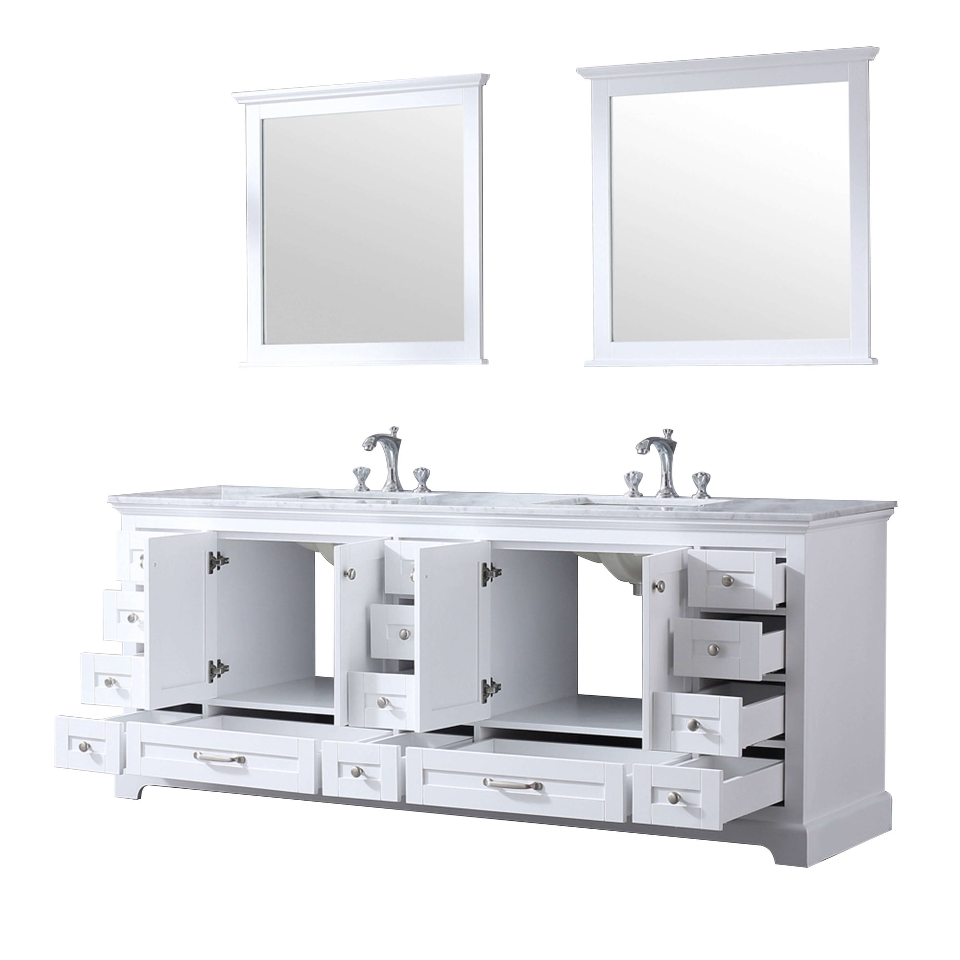 Dukes 84" White Double Vanity, White Carrara Marble Top, White Square Sinks and 34" Mirrors - LD342284DADSM34