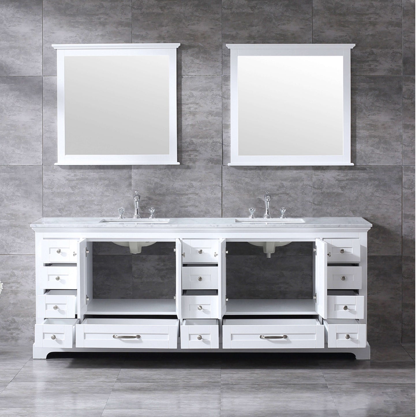 Dukes 84" White Double Vanity, White Carrara Marble Top, White Square Sinks and 34" Mirrors - LD342284DADSM34