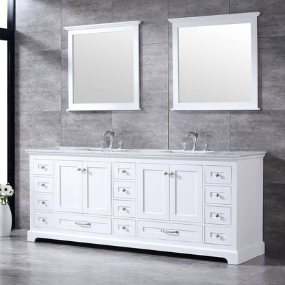 Dukes 84" White Double Vanity, White Carrara Marble Top, White Square Sinks and 34" Mirrors - LD342284DADSM34