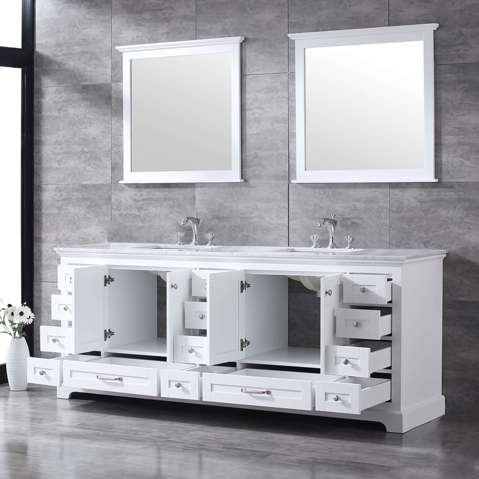 Dukes 84" White Double Vanity, White Carrara Marble Top, White Square Sinks and 34" Mirrors - LD342284DADSM34