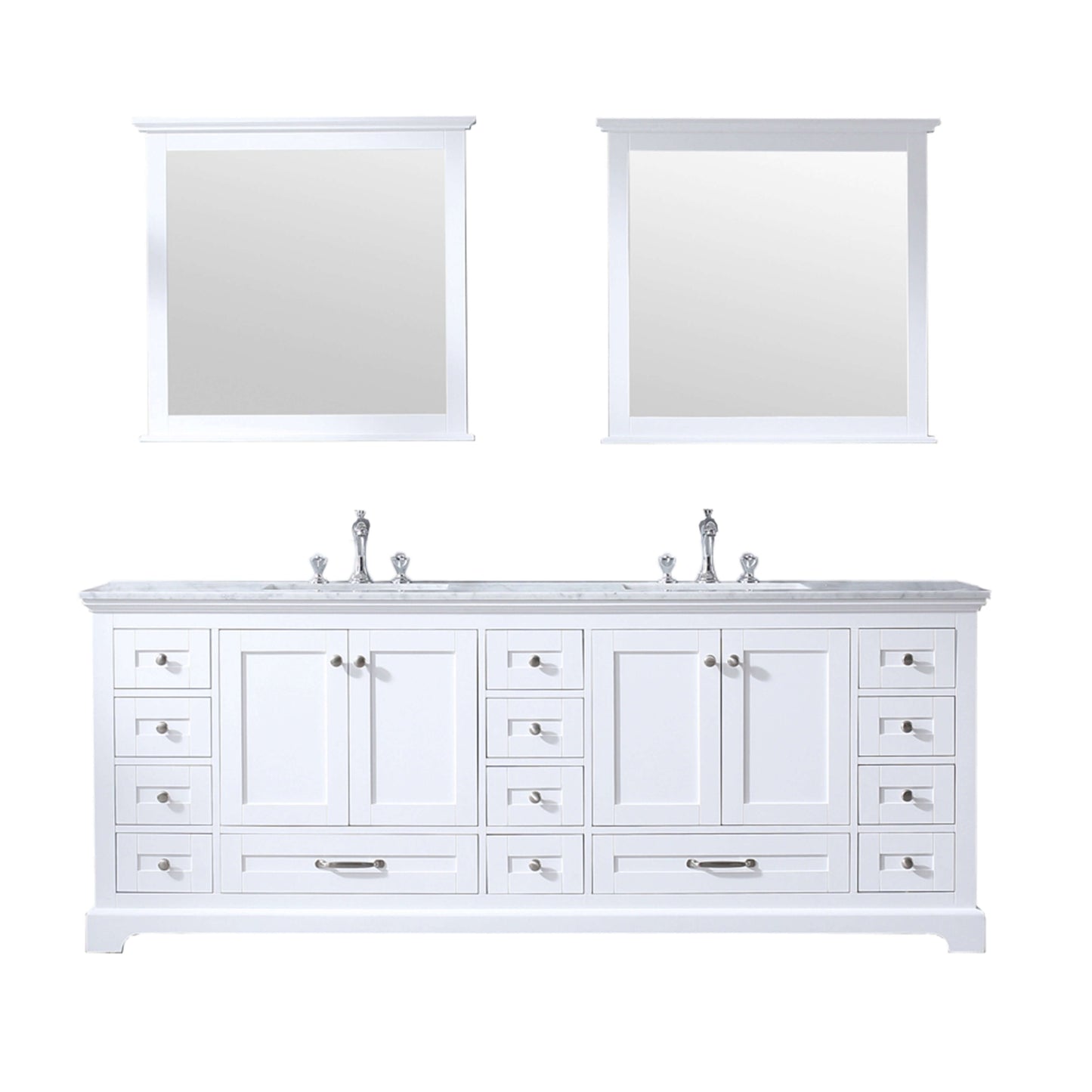 Dukes 84" White Double Vanity, White Carrara Marble Top, White Square Sinks and 34" Mirrors - LD342284DADSM34