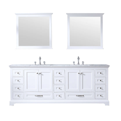 Dukes 84" White Double Vanity, White Carrara Marble Top, White Square Sinks and 34" Mirrors - LD342284DADSM34