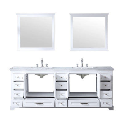 Dukes 84" White Double Vanity, White Carrara Marble Top, White Square Sinks and 34" Mirrors - LD342284DADSM34