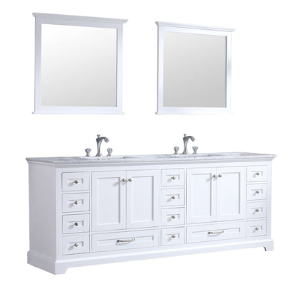 Dukes 84" White Double Vanity, White Carrara Marble Top, White Square Sinks and 34" Mirrors - LD342284DADSM34