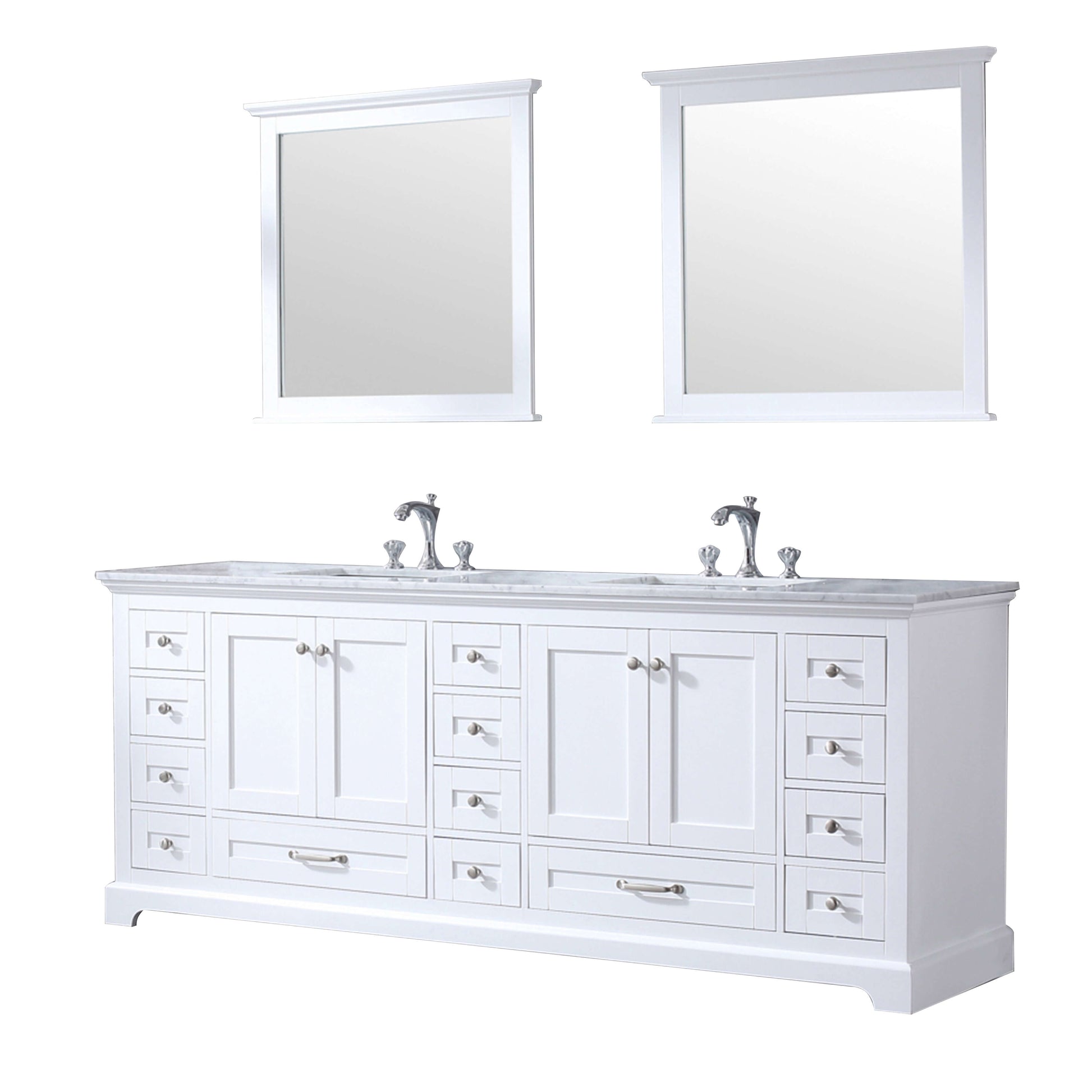 Dukes 84" White Double Vanity, White Carrara Marble Top, White Square Sinks and 34" Mirrors - LD342284DADSM34