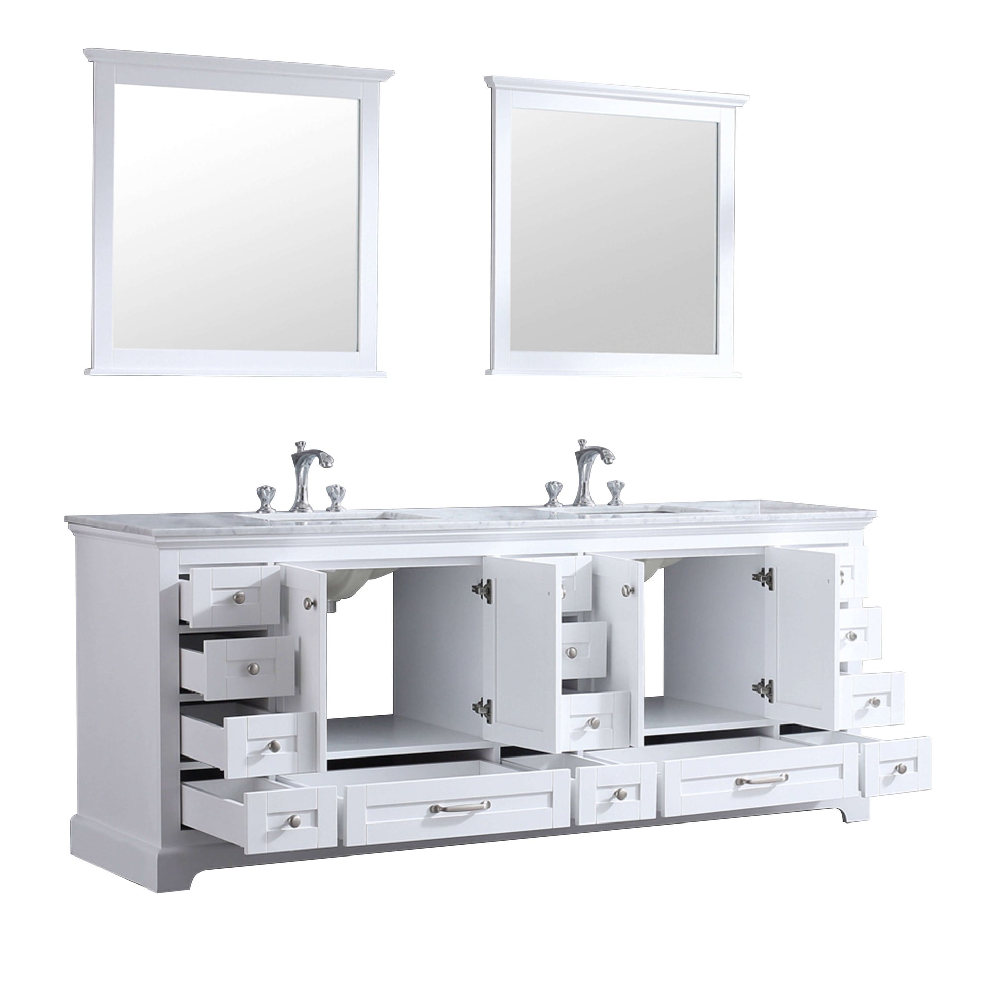 Dukes 84" White Double Vanity, White Carrara Marble Top, White Square Sinks and 34" Mirrors - LD342284DADSM34