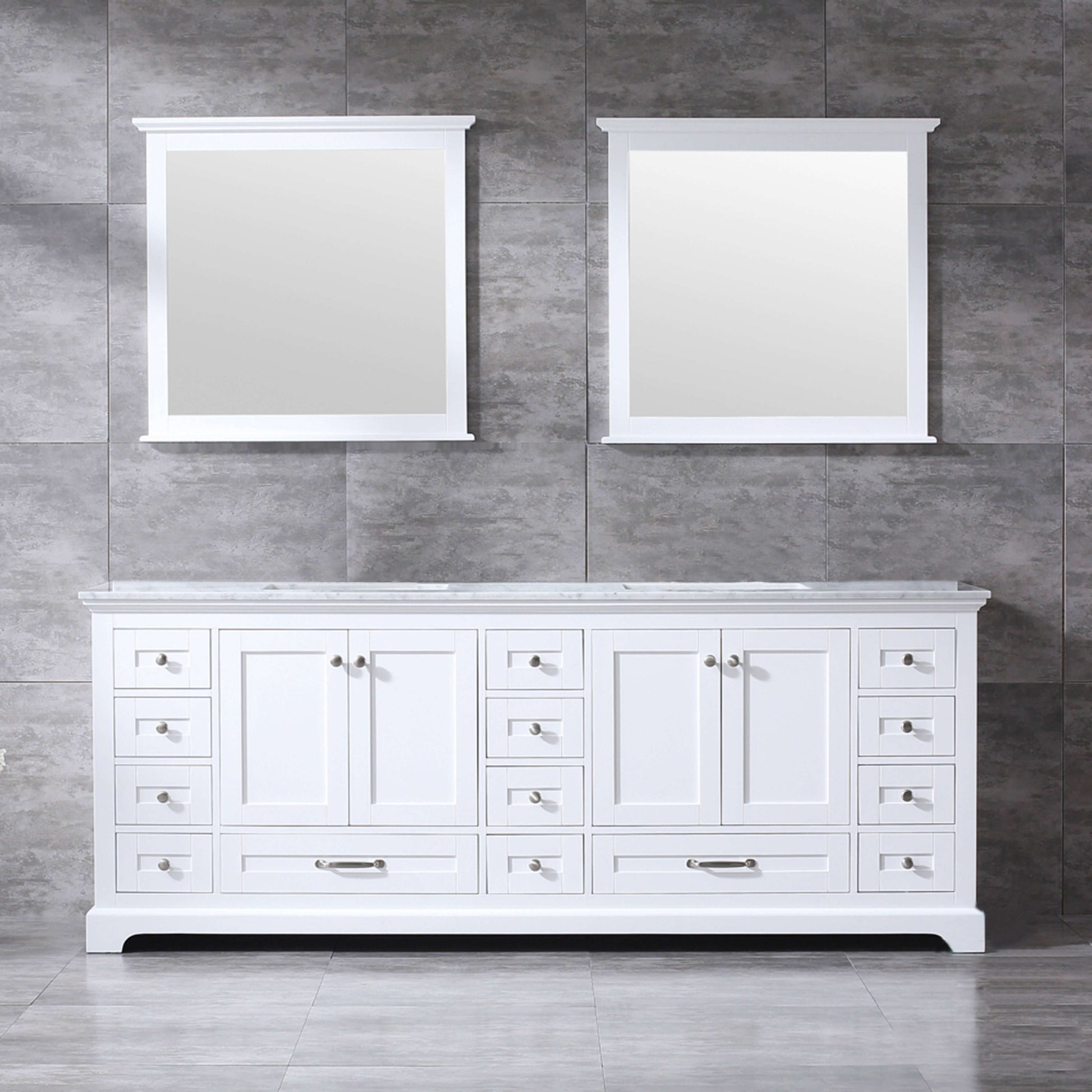 Dukes 84" White Double Vanity, White Carrara Marble Top, White Square Sinks and 34" Mirrors - LD342284DADSM34