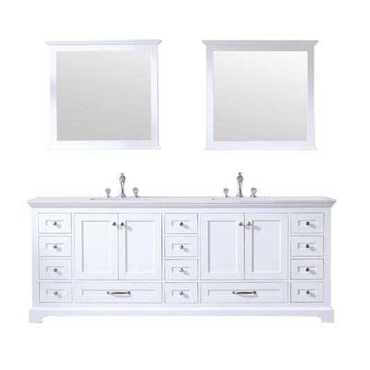 Dukes 84" White Double Vanity, White Quartz Top, White Square Sinks and 34" Mirrors - LD342284DAWQM34