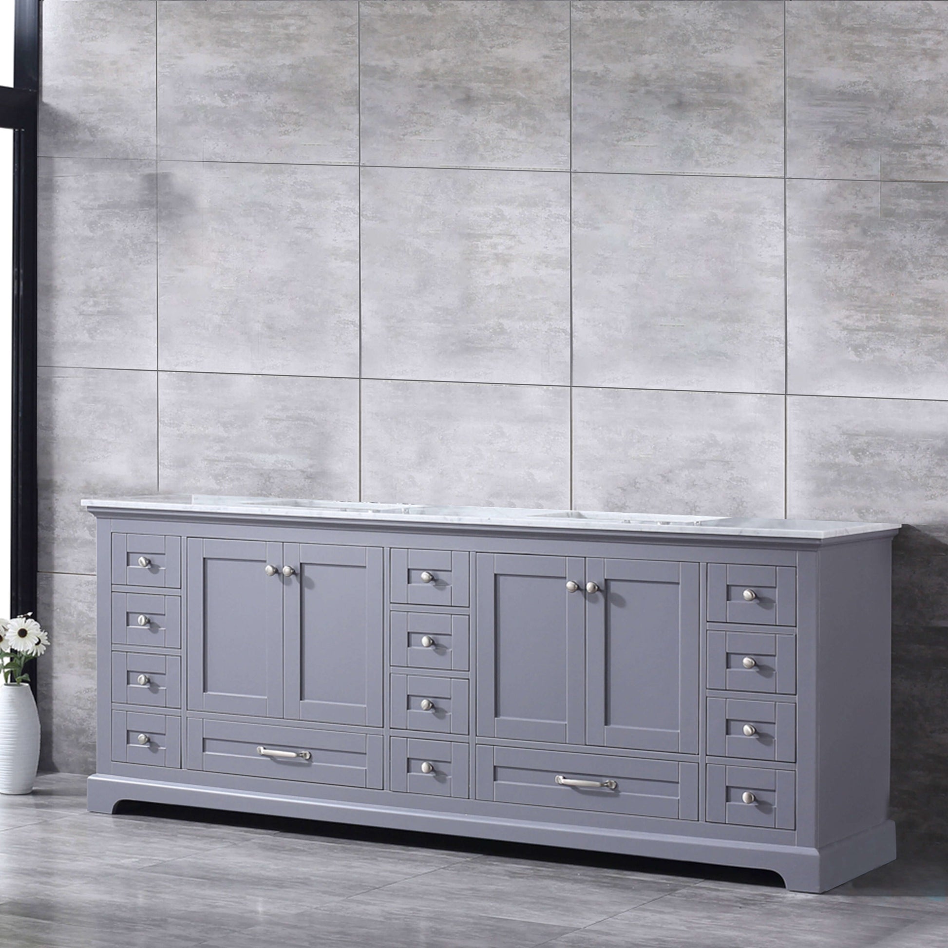 Dukes 84" Dark Grey Double Vanity, White Carrara Marble Top, White Square Sinks and no Mirror - LD342284DBDS000