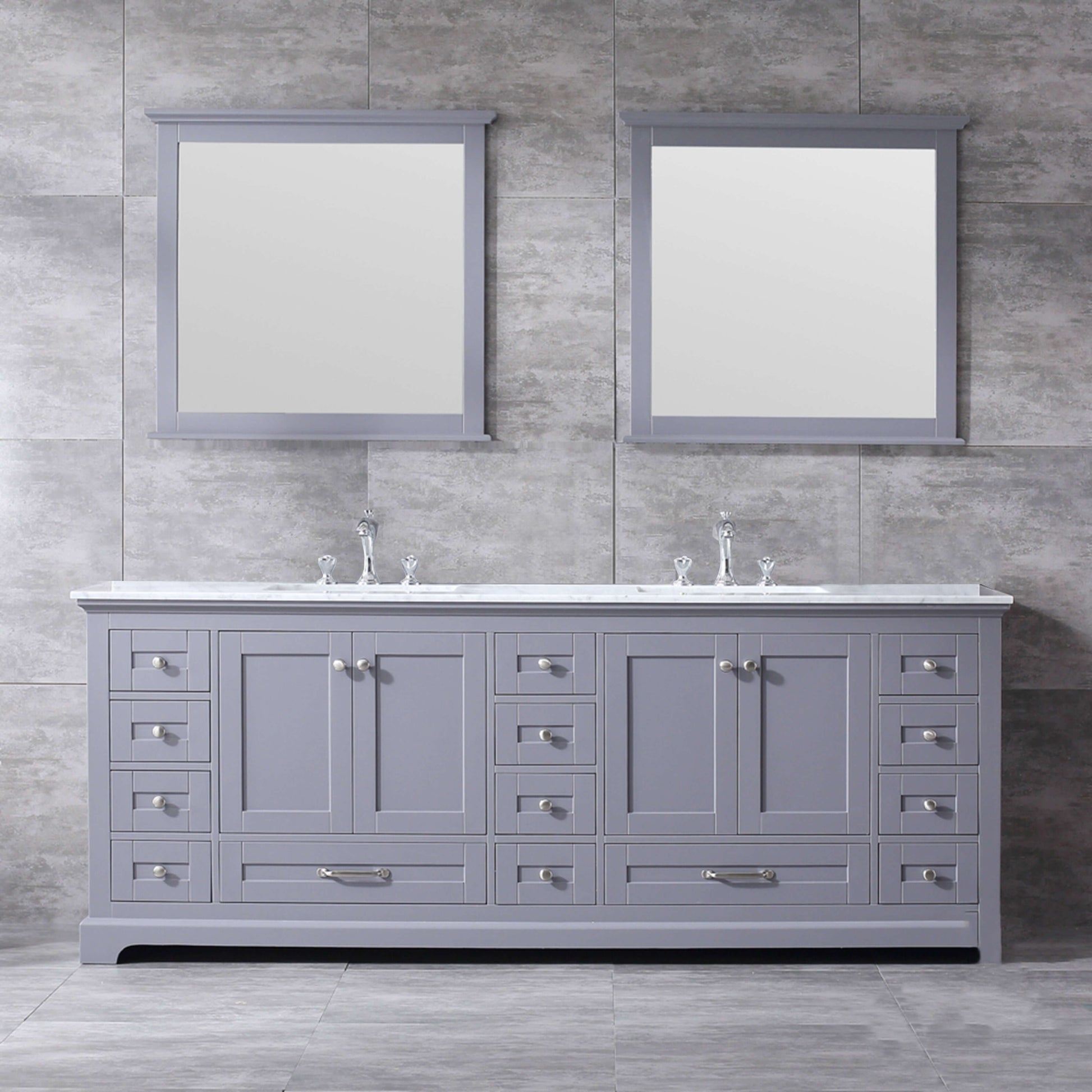 Dukes 84" Dark Grey Double Vanity, White Carrara Marble Top, White Square Sinks and 34" Mirrors - LD342284DBDSM34