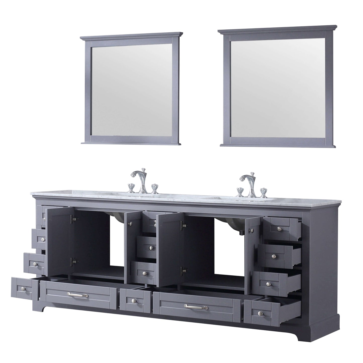 Dukes 84" Dark Grey Double Vanity, White Carrara Marble Top, White Square Sinks and 34" Mirrors - LD342284DBDSM34