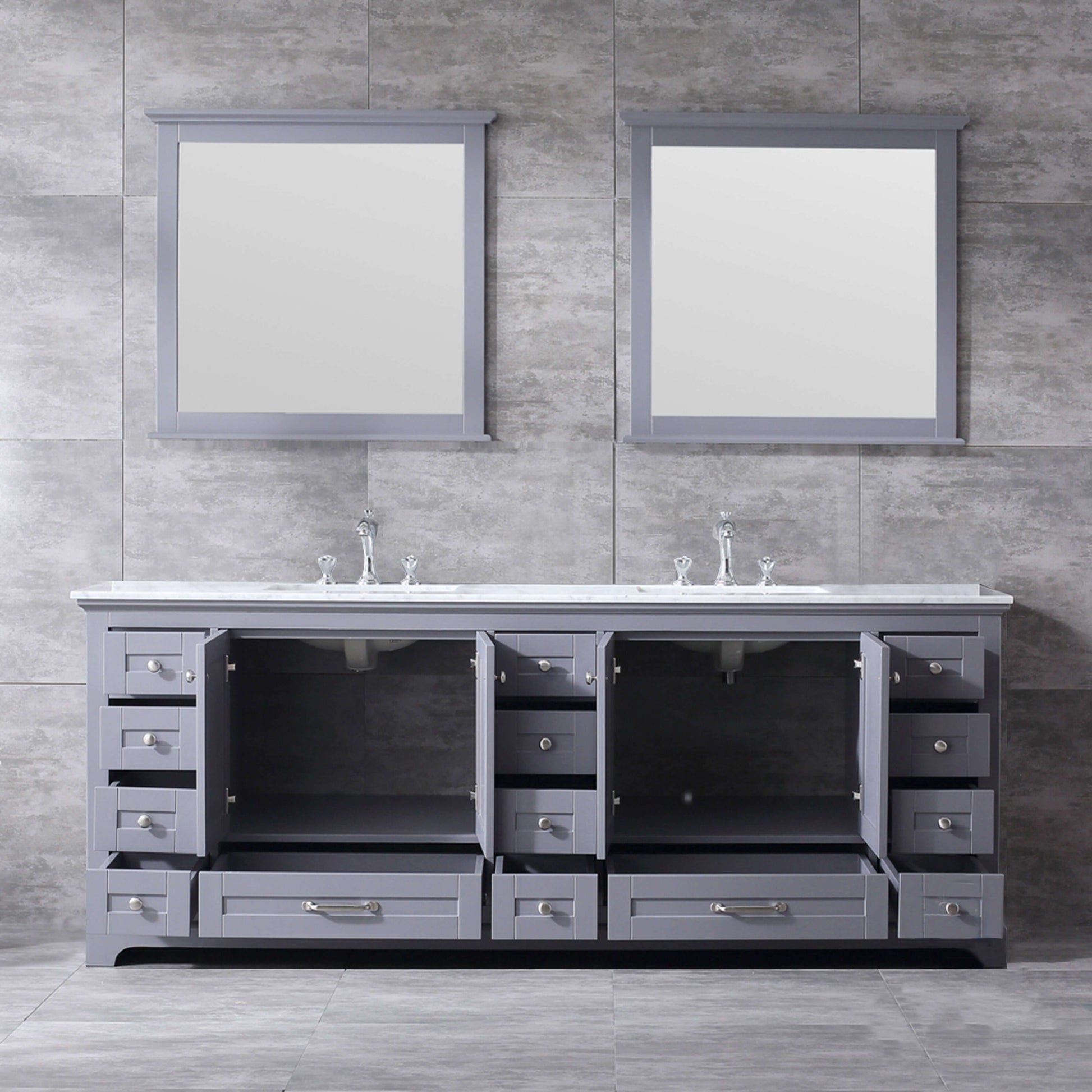 Dukes 84" Dark Grey Double Vanity, White Carrara Marble Top, White Square Sinks and 34" Mirrors - LD342284DBDSM34