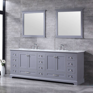 Dukes 84" Dark Grey Double Vanity, White Carrara Marble Top, White Square Sinks and 34" Mirrors - LD342284DBDSM34