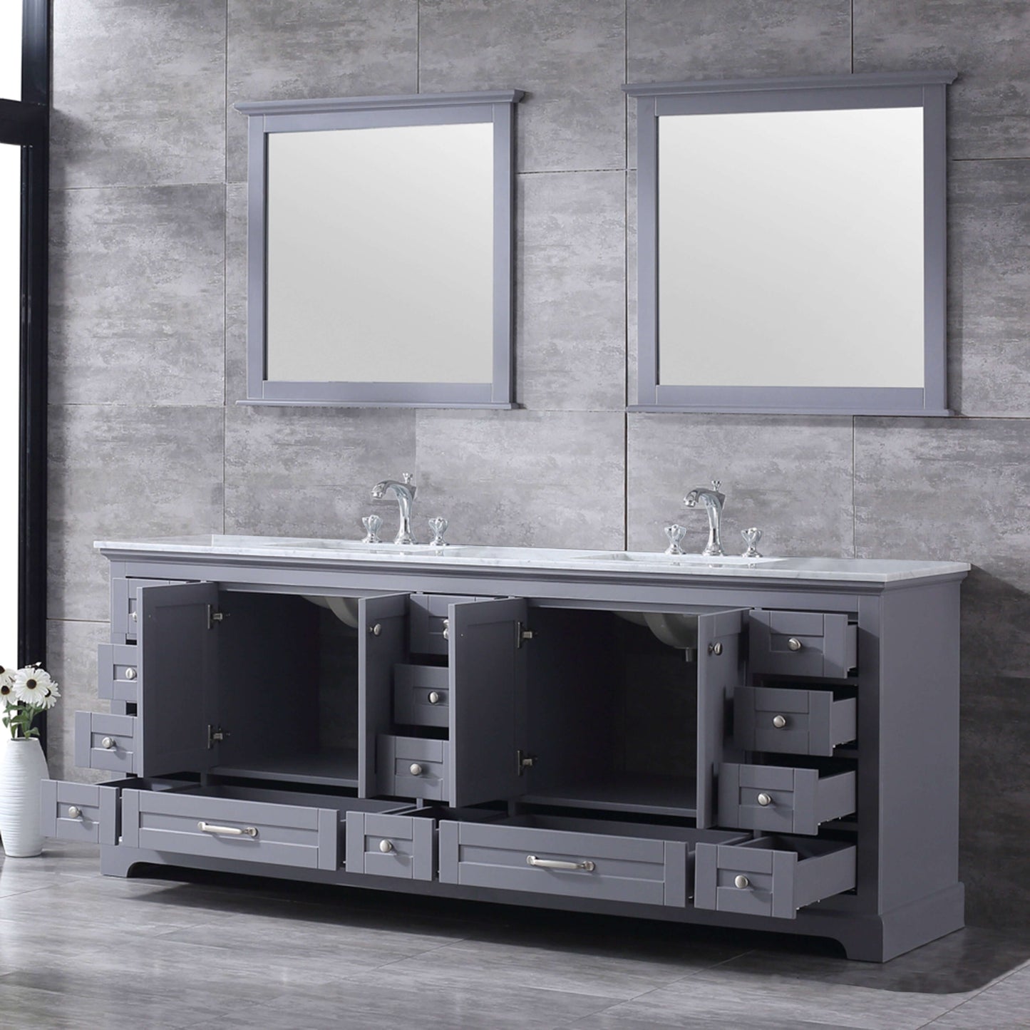 Dukes 84" Dark Grey Double Vanity, White Carrara Marble Top, White Square Sinks and 34" Mirrors - LD342284DBDSM34