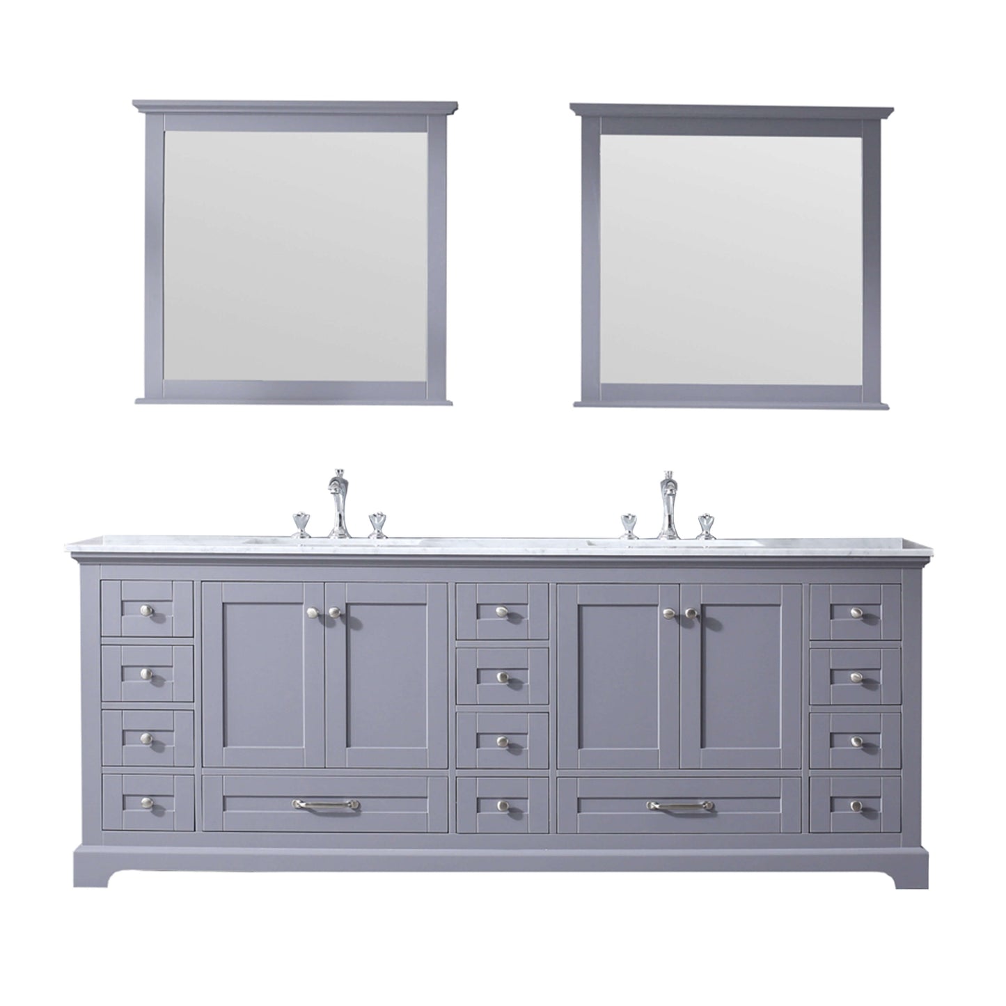 Dukes 84" Dark Grey Double Vanity, White Carrara Marble Top, White Square Sinks and 34" Mirrors - LD342284DBDSM34