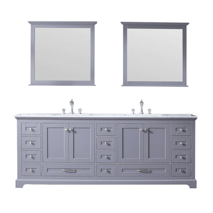 Dukes 84" Dark Grey Double Vanity, White Carrara Marble Top, White Square Sinks and 34" Mirrors - LD342284DBDSM34