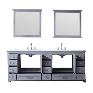 Dukes 84" Dark Grey Double Vanity, White Carrara Marble Top, White Square Sinks and 34" Mirrors - LD342284DBDSM34