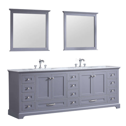 Dukes 84" Dark Grey Double Vanity, White Carrara Marble Top, White Square Sinks and 34" Mirrors - LD342284DBDSM34