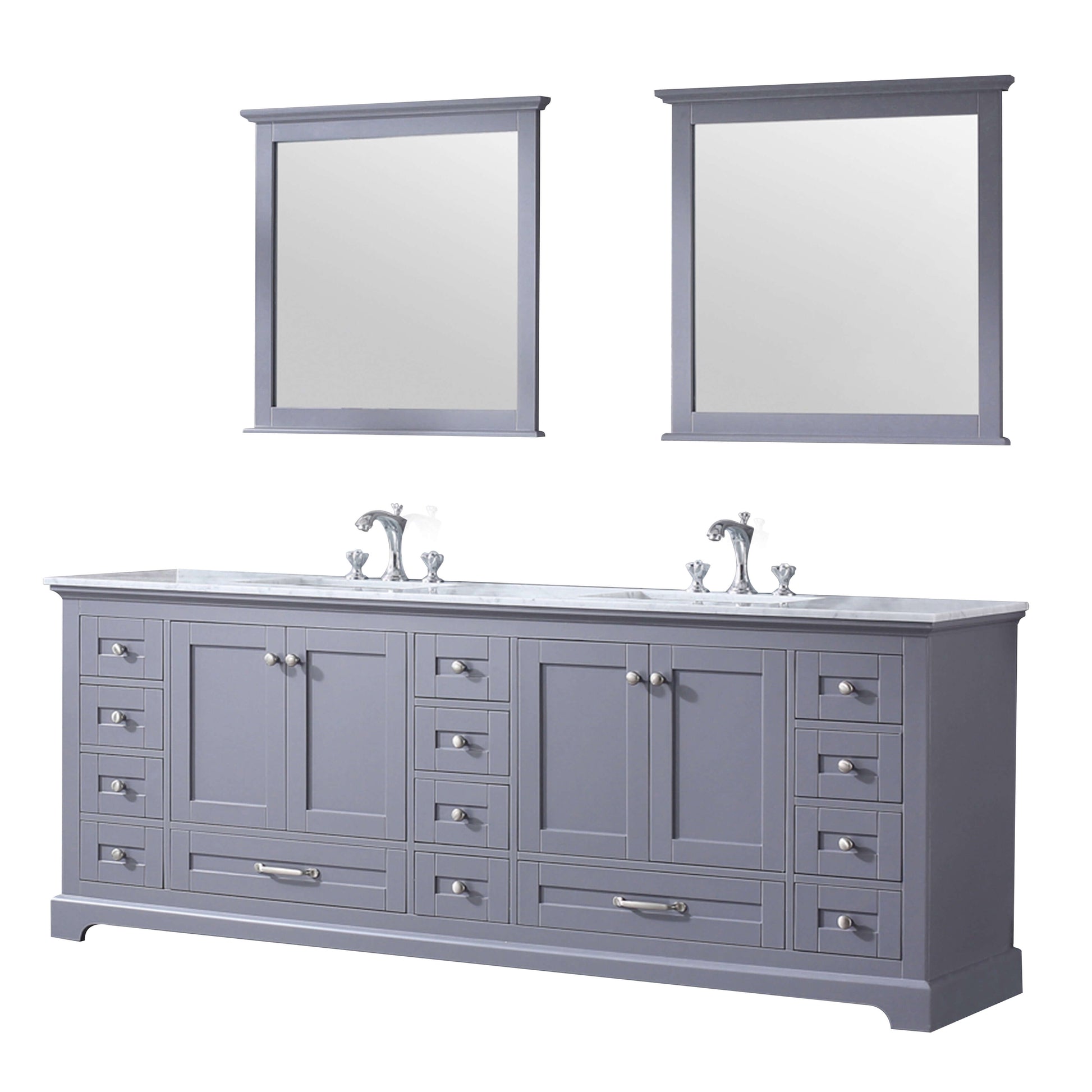 Dukes 84" Dark Grey Double Vanity, White Carrara Marble Top, White Square Sinks and 34" Mirrors - LD342284DBDSM34