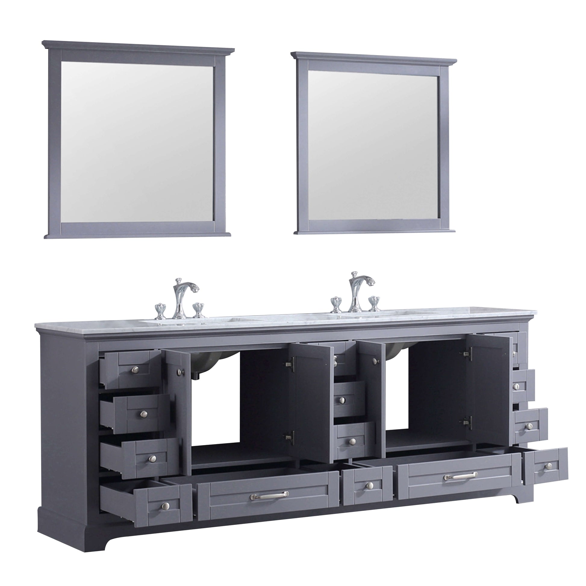 Dukes 84" Dark Grey Double Vanity, White Carrara Marble Top, White Square Sinks and 34" Mirrors - LD342284DBDSM34