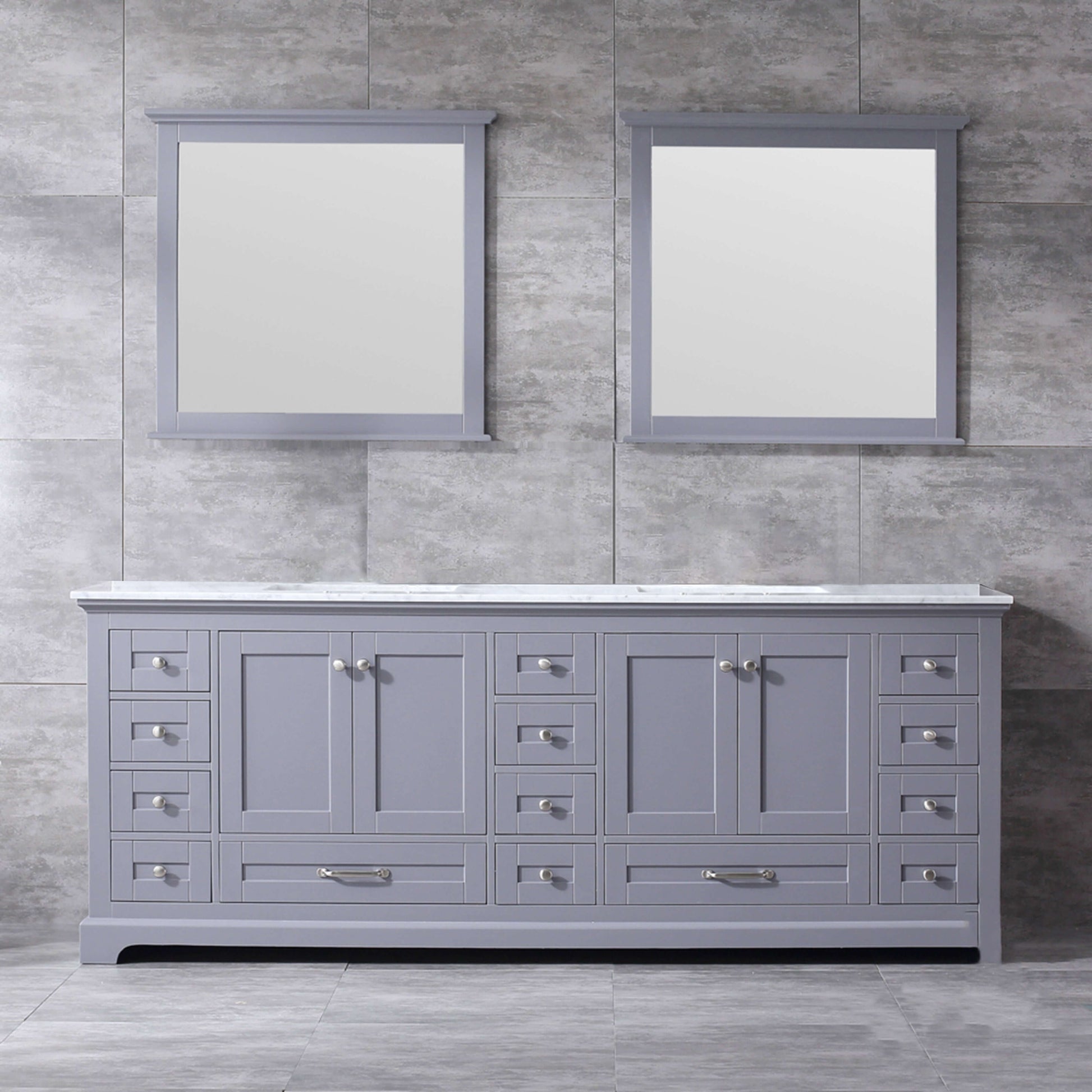 Dukes 84" Dark Grey Double Vanity, White Carrara Marble Top, White Square Sinks and 34" Mirrors - LD342284DBDSM34