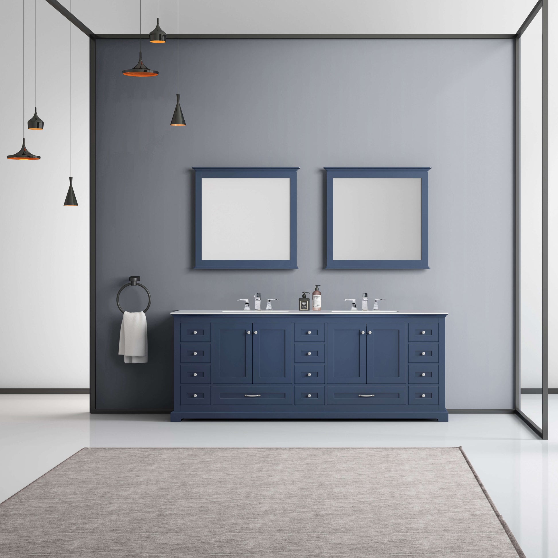 Dukes 84" Navy Blue Double Vanity, White Carrara Marble Top, White Square Sinks and 34" Mirrors - LD342284DEDSM34