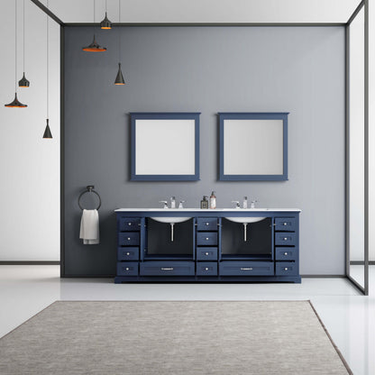 Dukes 84" Navy Blue Double Vanity, White Carrara Marble Top, White Square Sinks and 34" Mirrors - LD342284DEDSM34